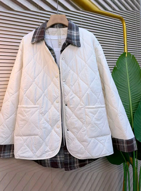 大码女装格子翻领长袖棉服