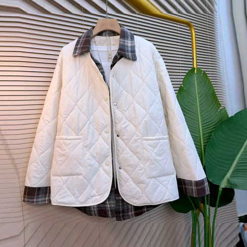 大码女装格子翻领长袖棉服