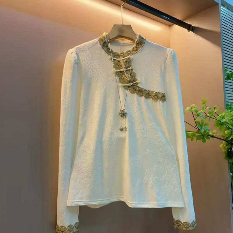 拼色花纹领盘扣长袖小衫