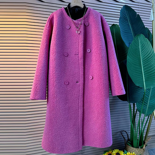 圆领长款开衫羊羔毛大衣外套