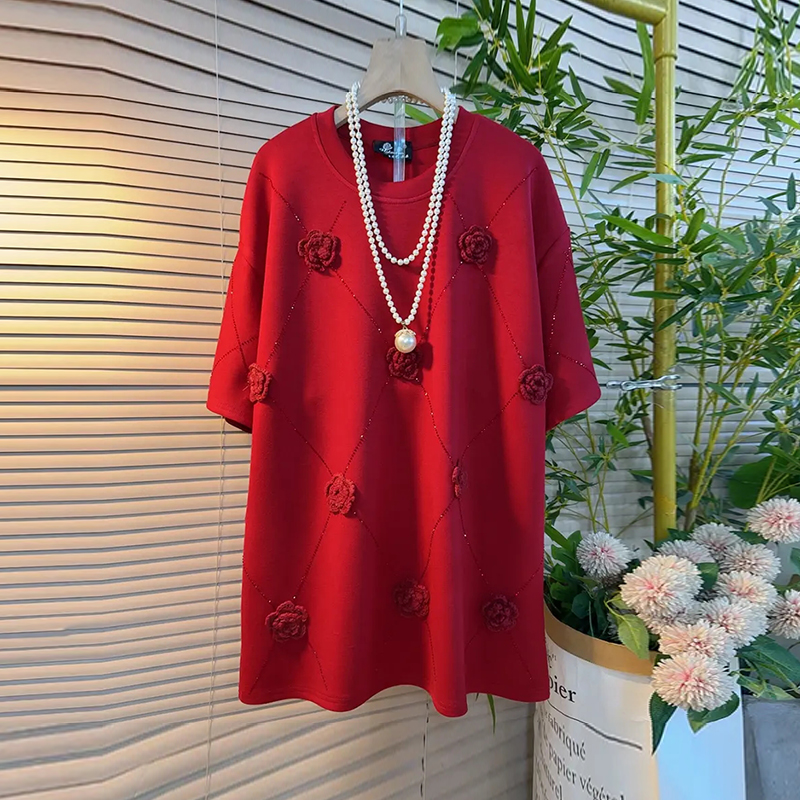 大码女装立体花朵短袖T恤衫