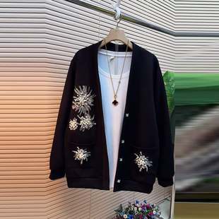 胖妹妹加肥钉珠花长袖外套韩版大码女装黑色显瘦2026早春新款上衣