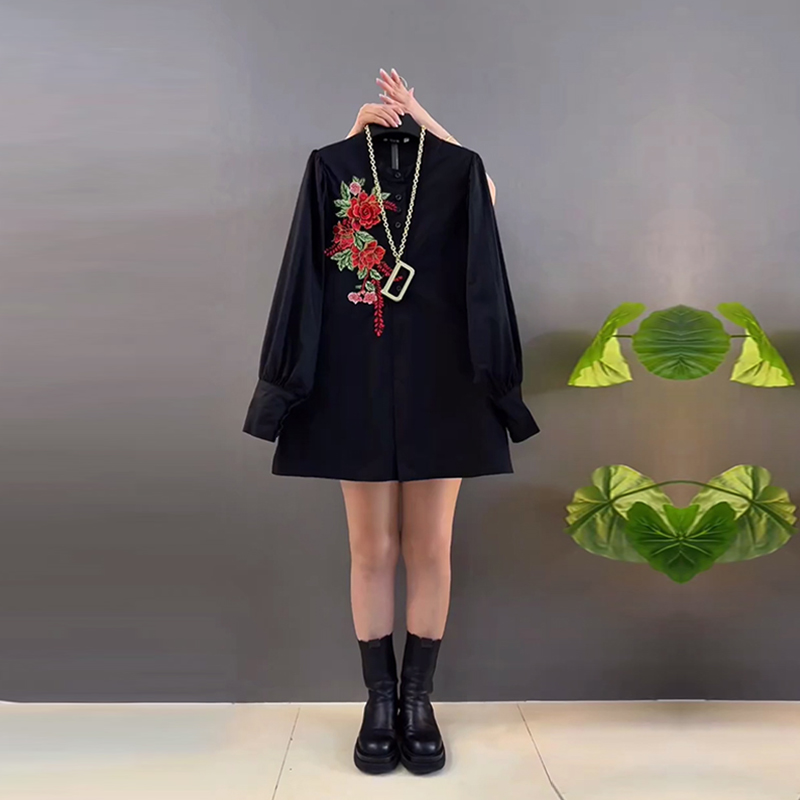 大码女装立领刺绣花长袖衬衫