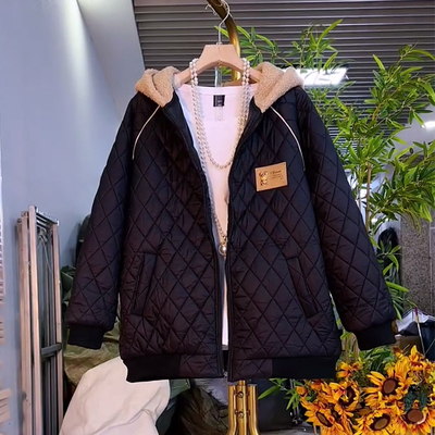 拼色羊羔毛连帽菱形格加棉外套