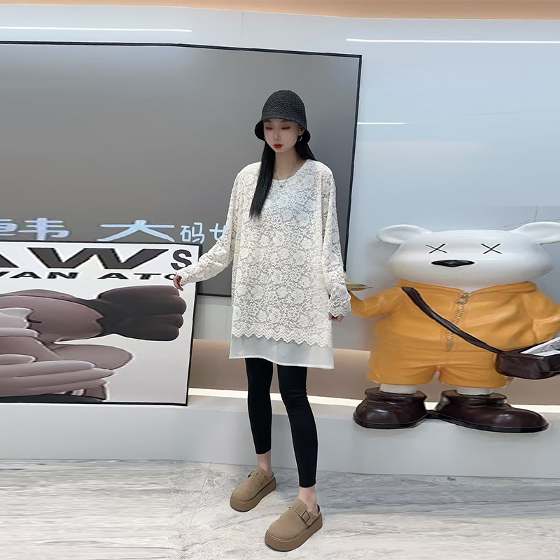 大码圆领长袖蕾丝上衣小衫