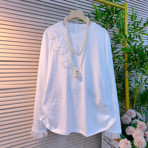 圆领亮钻花侧压褶长袖小衫