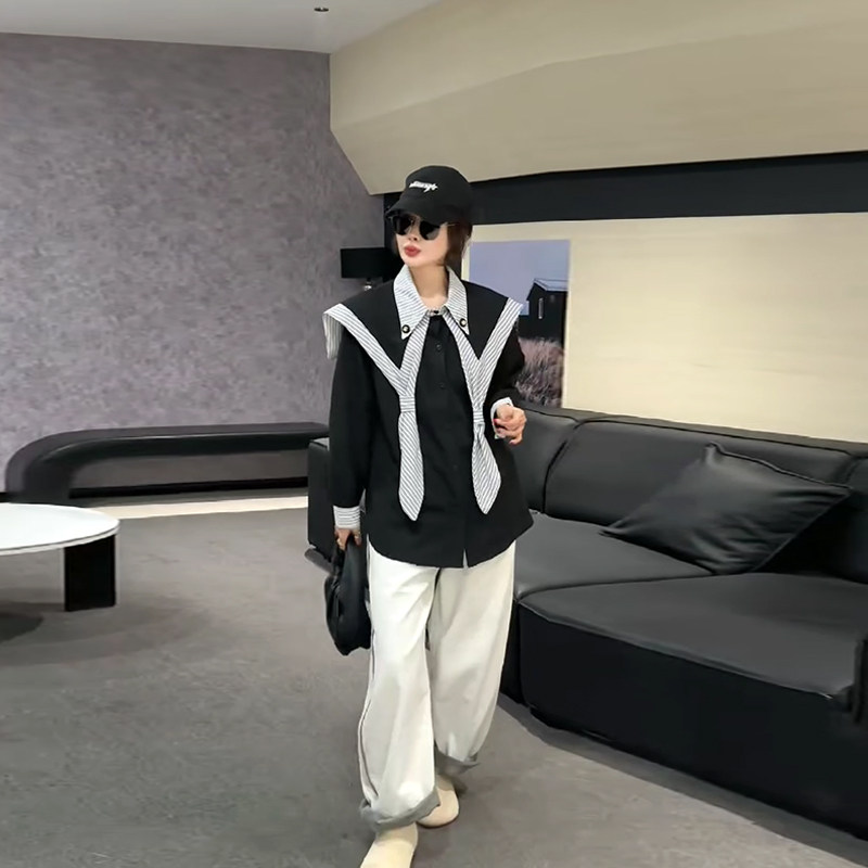 大码女装拼条纹边披肩翻领长袖衬衫胖妹妹韩版减龄学院风休闲上衣,女装/女士精品,大码内搭,淘宝优惠券,粉丝福利购,淘宝优惠卷