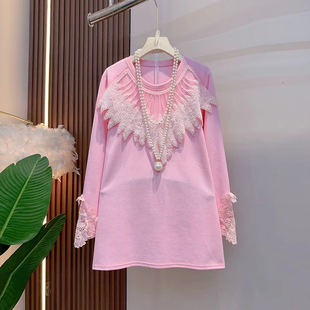 女装 减龄大码 百搭甜美卫衣 口圆领上衣宽松韩版 加肥设计感拼蕾丝袖