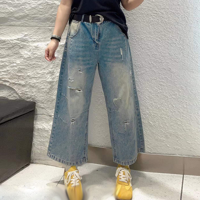胖妹妹拉丝破洞阔腿牛仔裤欧洲站大码女装宽松遮胯夏季九分休闲裤