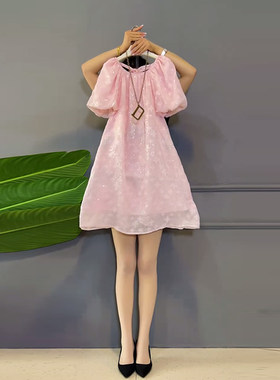 圆领后系带花苞短袖淑女裙淑女裙