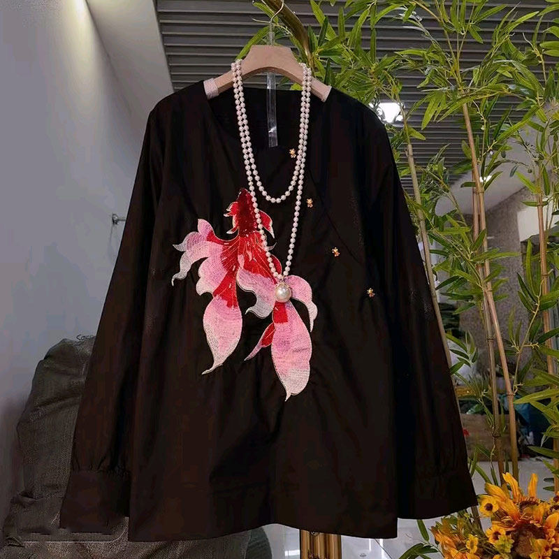 加肥斜襟刺绣图案长袖衬衫宽松遮肚子胖妹妹减龄显瘦百搭复古上衣,女装/女士精品,大码内搭,淘宝优惠券,粉丝福利购,淘宝优惠卷