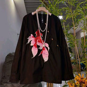 加肥斜襟刺绣图案长袖 衬衫 宽松遮肚子胖妹妹减龄显瘦百搭复古上衣