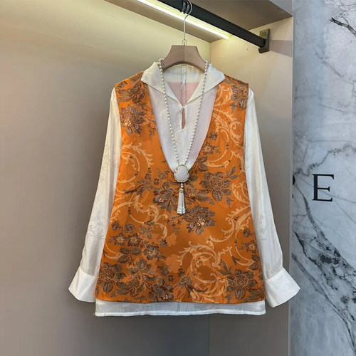 V领花朵国风马甲翻领长袖小衫