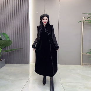 大码女装长袖蕾丝打底衫胖妹妹黑色复古风显瘦立领盘扣长款马甲裙