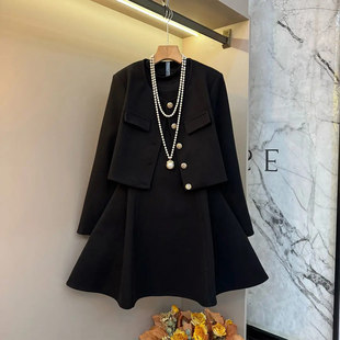 加肥长袖开衫短款外搭立领长袖连衣裙韩版减龄显瘦大码女装两件套
