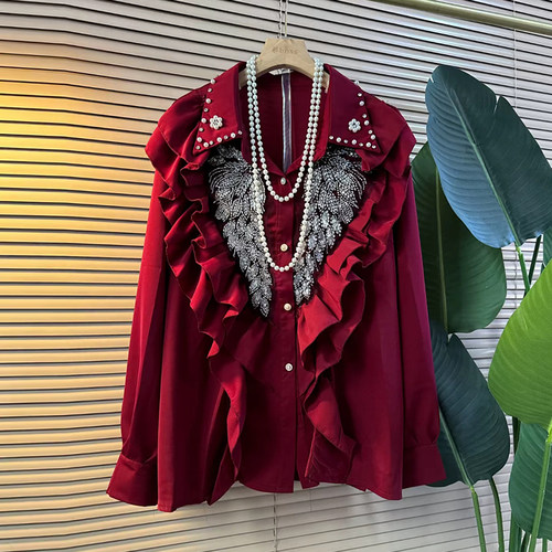 翻领钉珠边荷叶肩长袖衬衫上衣