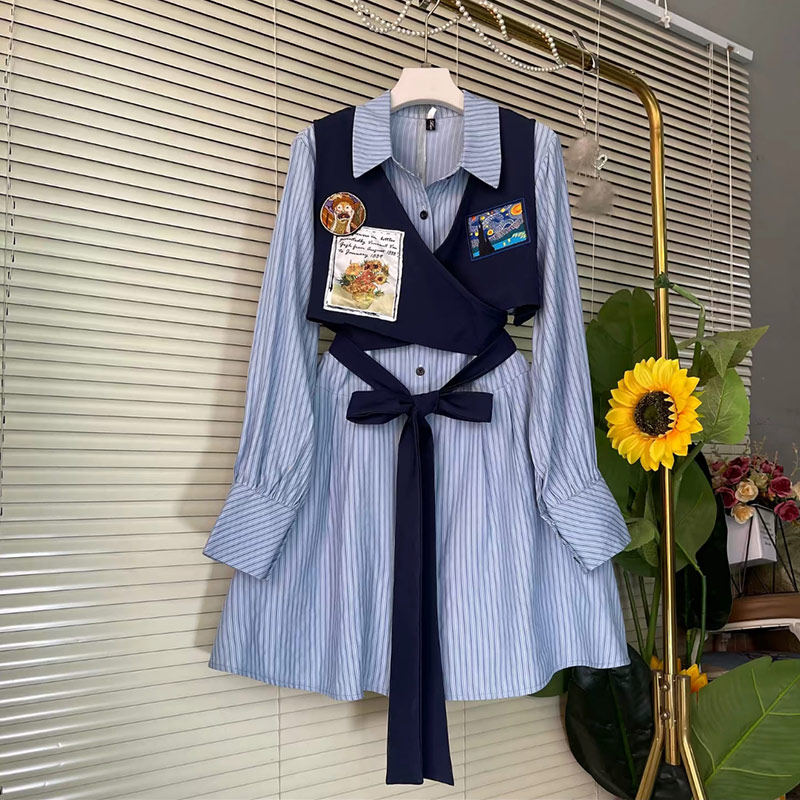 加肥拼色马甲系带翻领假两件衬衫裙胖MM中长款学院风中长款连衣裙