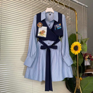 连衣裙 学院风中长款 加肥拼色马甲系带翻领假两件衬衫 裙胖MM中长款