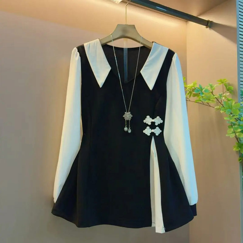 大码女装拼色条纹翻领长袖衬衫