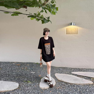 胖妹妹拼色豹纹图案短袖上衣宽松遮肚子大码女装夏季款百搭T恤衫