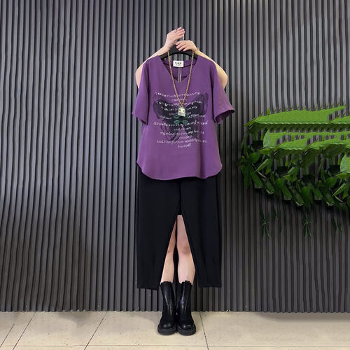 蝴蝶图案短袖小字母上衣裤子