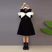 减龄收腰显瘦礼服裙 圆领拼蝴蝶结露肩连衣裙胖妹妹韩版 加大码 女装