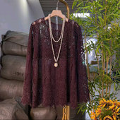 小众设计百搭小衫 胖妹妹圆领长袖 气质洋气秋季 款 蕾丝上衣大码 女装