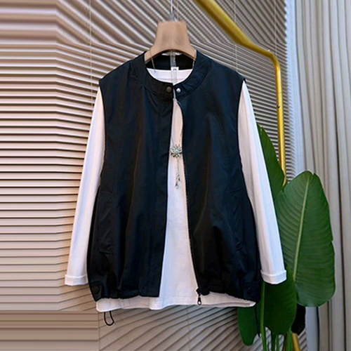 圆领长袖T恤衫按扣领拉链马甲