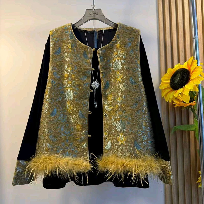 毛边底摆花纹马甲拼色袖口小衫