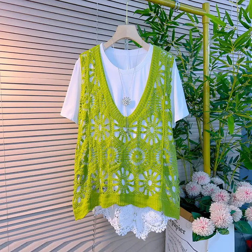 蕾丝底摆短袖上衣V领针织马甲