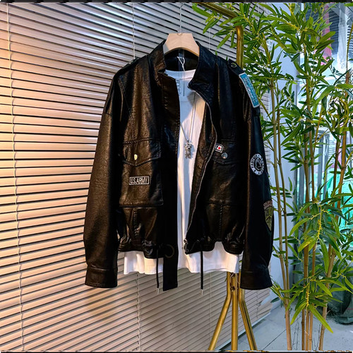 大码女装立领双兜袖标皮外套
