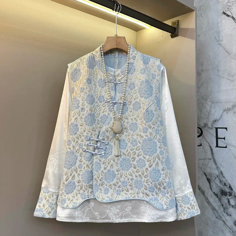 加肥立领斜盘扣花朵马甲拼色袖口小衫时尚洋气新中式胖妹妹两件套,女装/女士精品,大码套装,淘宝优惠券,粉丝福利购,淘宝优惠卷