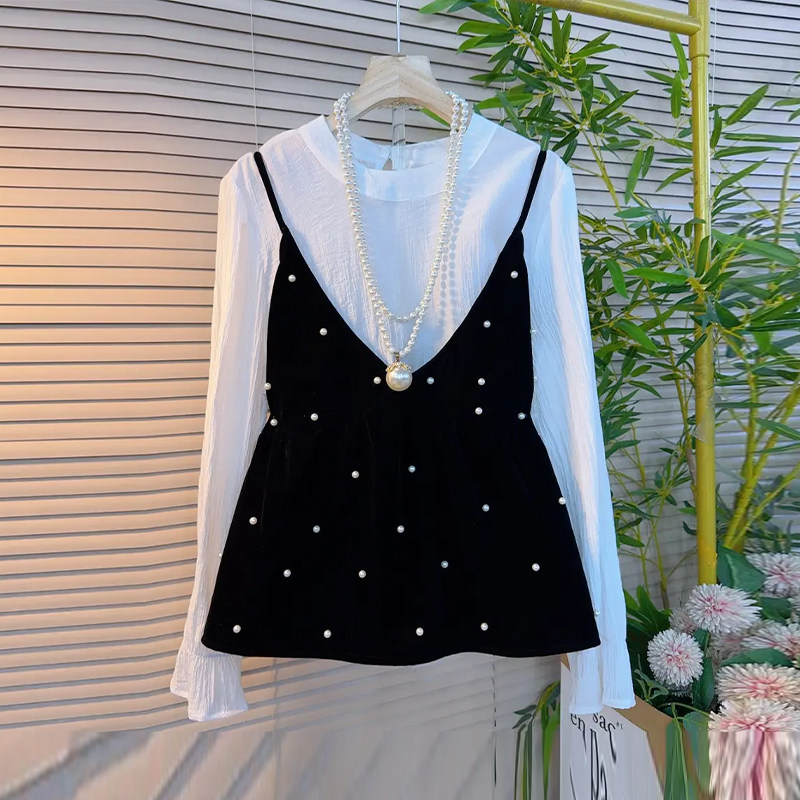 加肥大码女装钉珠吊带背心长袖打底衫韩版减龄胖妹妹淑女风两件套,女装/女士精品,大码套装,淘宝优惠券,粉丝福利购,淘宝优惠卷