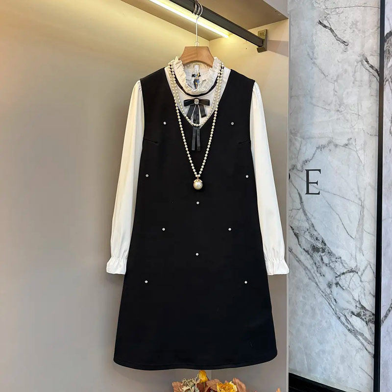 大码女装荷叶立领长打底衫V领马甲裙通勤风简约胖妹妹显瘦两件套