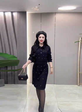 裙子。翻领收腰亮钻连衣裙