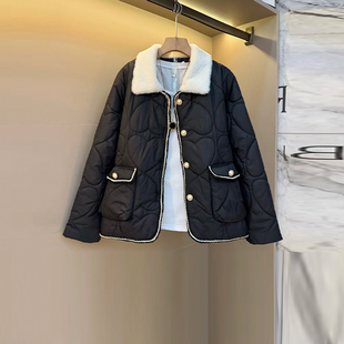 棉服大码 纯色简约百搭开衫 女装 款 上衣 冬季 胖妹妹加肥毛毛翻领长袖