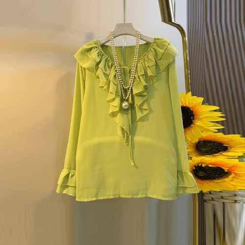 胖妹妹系带领微喇袖口小衫