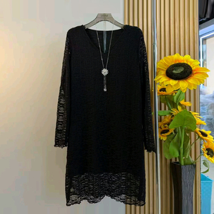 加肥女拼蕾丝长袖 显瘦黑色裙子 圆领连衣裙胖妹妹气质轻熟风中长款
