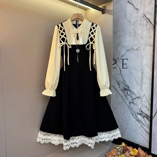 胖MM蕾丝底摆长袖绑带肩连衣裙加肥大码女装名媛风长款显瘦淑女裙