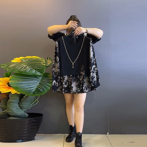 大码时尚圆领假两件上衣