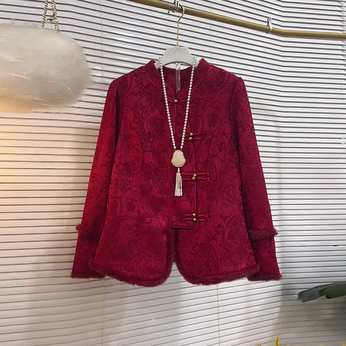 立领盘扣毛毛底摆国风外套上衣