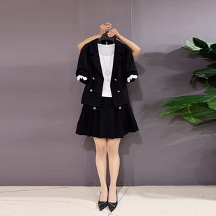 欧货洋气宽松遮肉套装 大码 短裙两件套胖妹妹时尚 双排扣西装 潮 女装