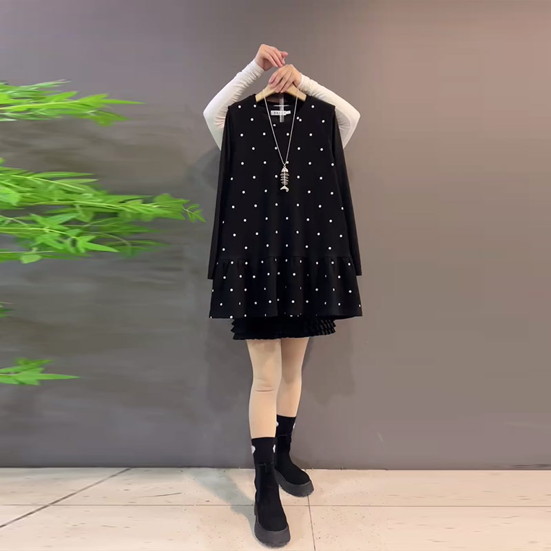 圆领长袖打底衫两件套点点马甲