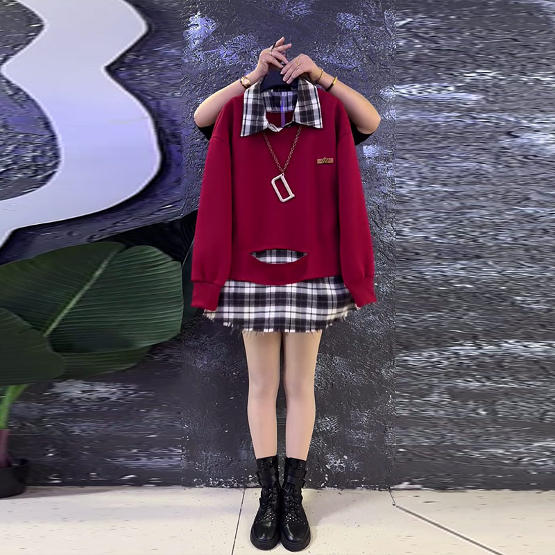 拼色格子翻领长袖假两件加绒卫衣