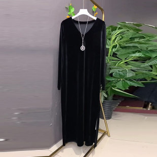 加大码女装V领长袖丝绒连衣裙胖妹妹百搭简约宽松显瘦净版打底裙