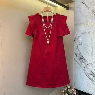 加肥大码女装荷叶肩短袖连衣裙胖妹妹中长款显瘦简约夏季款休闲裙