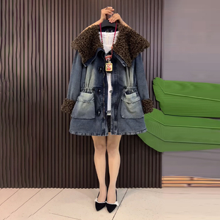 款 欧洲站冬季 洋气上衣 女装 胖妹妹毛毛披肩领收腰牛仔棉服外套大码