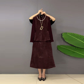款 半身裙冬季 通勤三件套 打底衫 胖妹妹钉珠边圆领收腰压褶马甲长袖