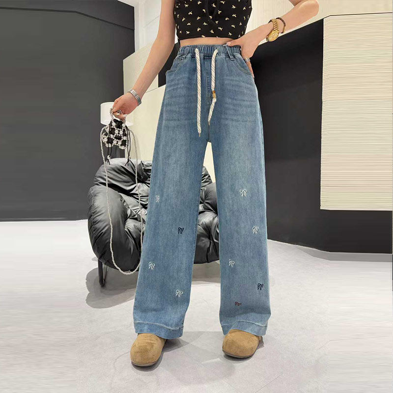 加肥女松紧腰系带阔腿长裤胖妹妹纯色简约宽松遮胯百搭净版牛仔裤,女装/女士精品,大码裤装,淘宝优惠券,粉丝福利购,淘宝优惠卷