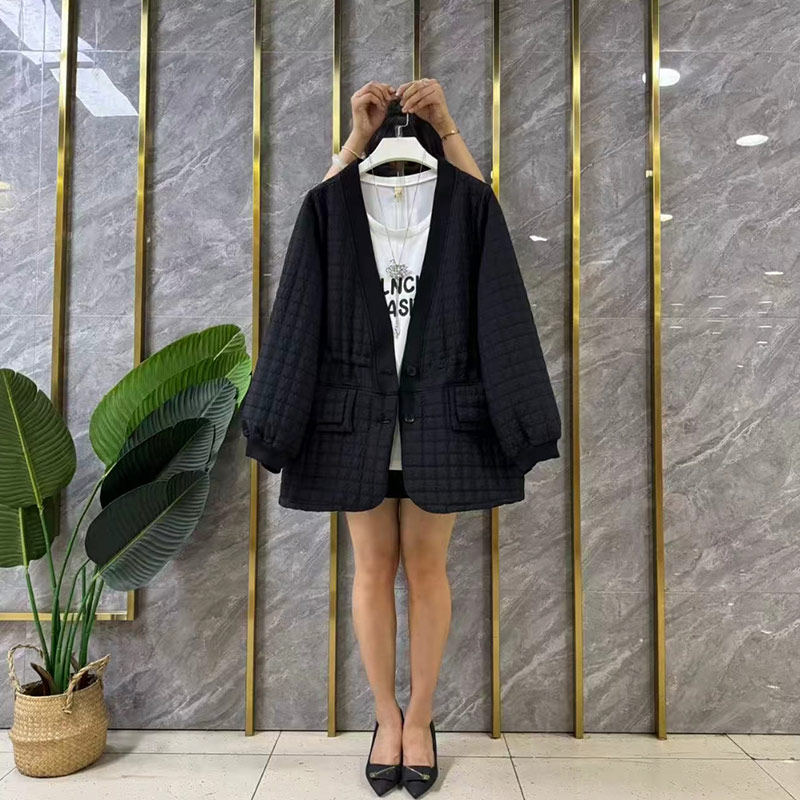 大码女装V领收腰长袖棉服上衣2026秋季新款胖妹妹早冬款百搭外套